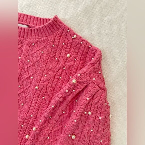 Something Navy Shelby Wool Blend Chunky Cable Knit Pearl Pink Sweater Large - Picture 5 of 8
